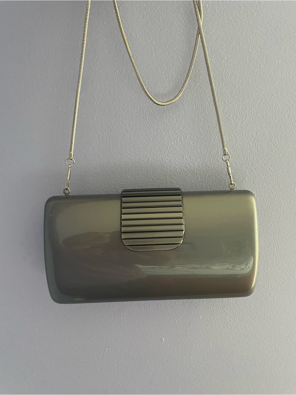 Kurt Geiger London Kensington Sleek Metallic Gray Evening Clutch with Chain